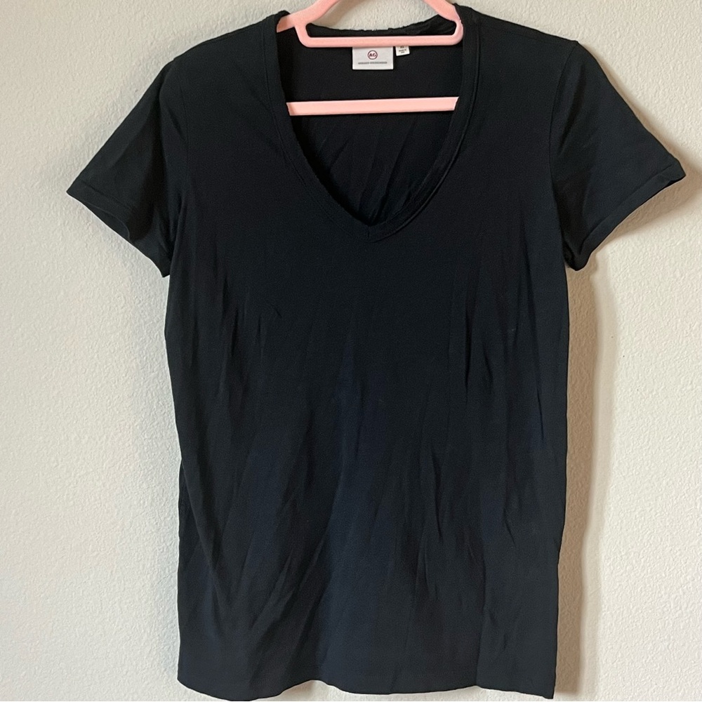 AG Adriano Goldschmied Black V-Neck Short Sleeve Tee Raw Collar Cotton Size XS